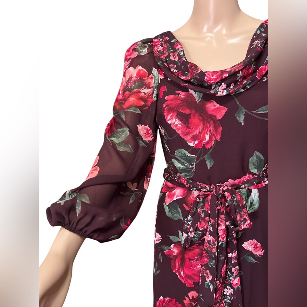 NWT Alex Marie Size 2 Chiffon Floral Midi Dress Cowl Neck Long Sleeves Ruffles - Picture 10 of 13